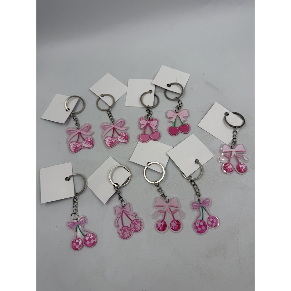 Lot Of 9 Pink Keychains Bundle Acrylic Cherry Girly Keychains Charms